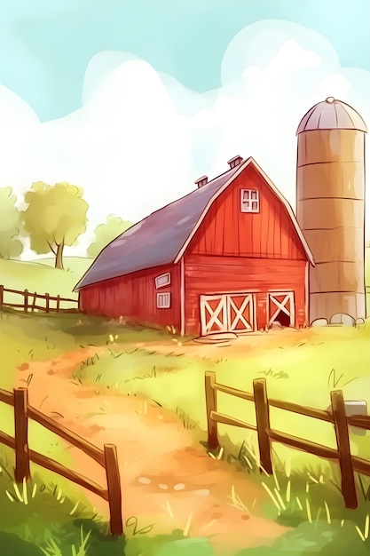 Foto celeiro de casa de fazenda vermelha ilustração em aquarela paisagem branca fundo isolado