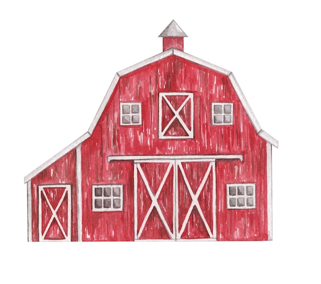 Celeiro vermelho aquarela clipart fazenda celeiro de madeira ilustração isolada