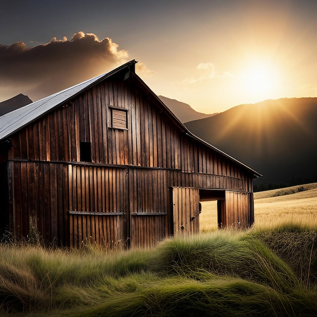 Celeiro vintage com fundo de paisagem natural do nascer do sol criado com tecnologia de ia generativa