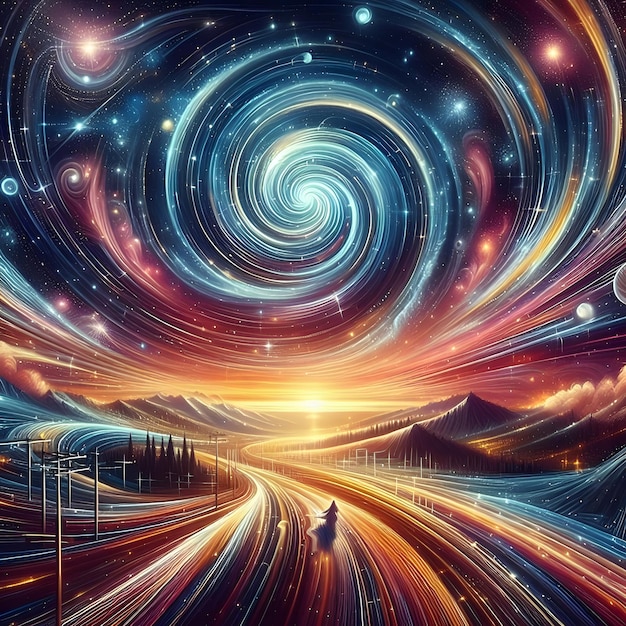 Celestial Swirl formas abstractas y coloridas girando y convergiendo en una exhibición cósmica