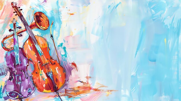 Cello y trompeta pintados en colores brillantes con un fondo abstracto