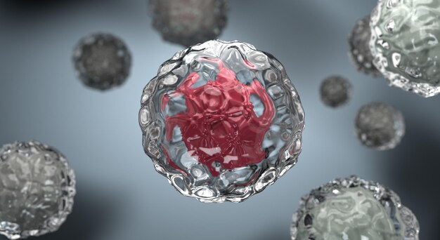 Célula de cáncer de coronavirus o célula madre embrionaria Investigación médica o pancarta de prevención de pandemias con imagen de enfermedad microscópica Bacterias rojas o virus en moco transparente sobre fondo gris Ilustración 3d