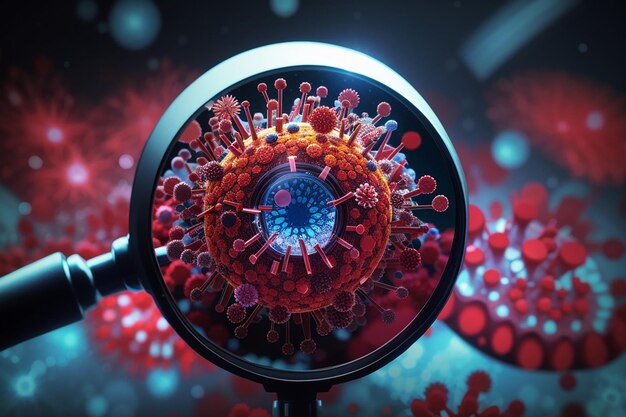 La célula del coronavirus mira a través de un fondo de lupa