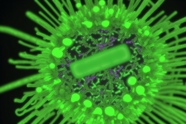 Una célula de coronavirus verde y violeta con un cuadrado en el medio.