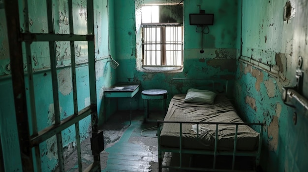 Célula de solitário numa prisão com paredes desgastadas.