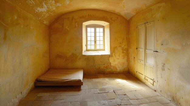 Célula de solitário numa prisão com paredes desgastadas.
