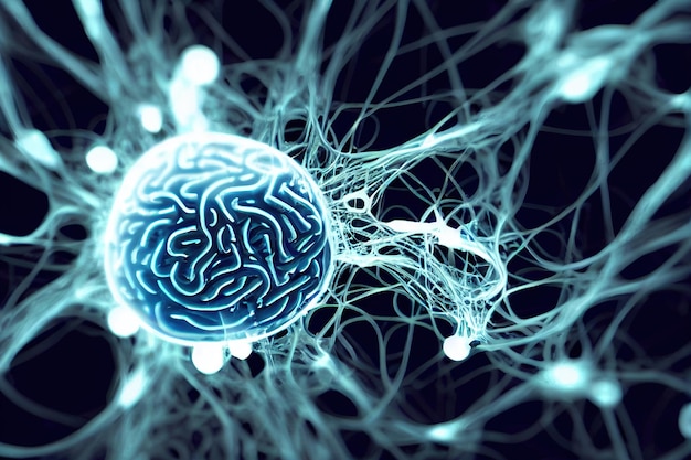 Célula e rede de neurônios no cérebro sobre rede neuronal de fundo escuro com atividade elétrica de neur