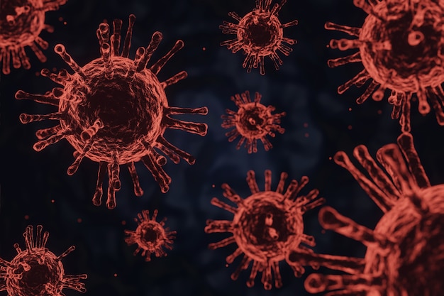 Célula de la enfermedad del brote de Coronavirus Covid-19 y antecedentes de influenza por coronavirus, render 3D