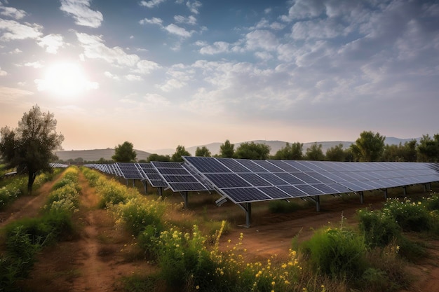 Célula fotovoltaica de painel de energia solar e gerador de energia de fazenda de turbina eólica na paisagem natural para produção de energia verde renovável Conceito de desenvolvimento sustentável limpo ai generativo