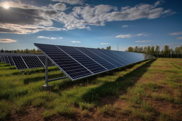 Célula fotovoltaica de painel de energia solar e gerador de energia de fazenda de turbina eólica na paisagem natural para produção de energia verde renovável conceito de desenvolvimento sustentável limpo ai generativo