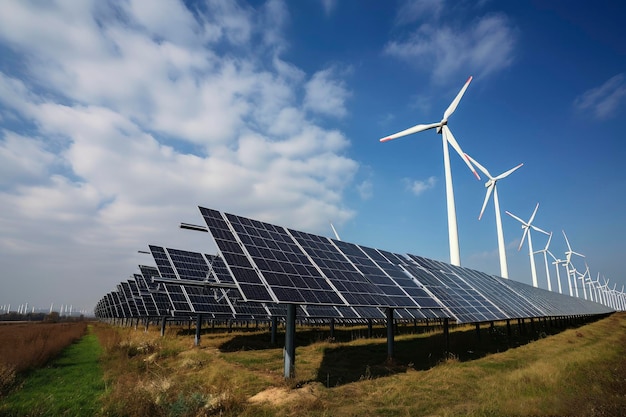 Célula fotovoltaica de panel de energía solar y generador de energía de granja de turbinas eólicas en el paisaje natural para la producción de energía verde renovable Concepto de desarrollo sostenible limpio ai generativo