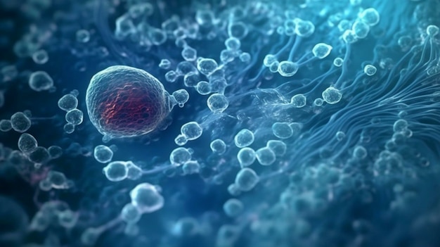 Célula humana ou fundo de microscópio de células-tronco embrionárias Generative AI