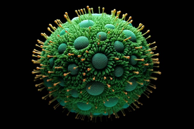 una célula verde del virus de la gripe en un fondo negro ilustración tridimensional