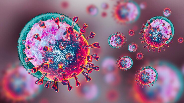 Foto célula del virus de la corona o brote de viruela de la viruela del mono y concepto de influenza por coronavirus