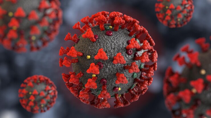 Foto célula del virus de la corona o brote de viruela de la viruela del mono y concepto de influenza por coronavirus