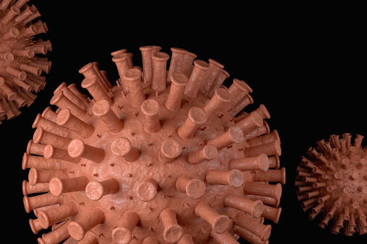 Foto célula de virus en microscopio. representación 3d coronavirus