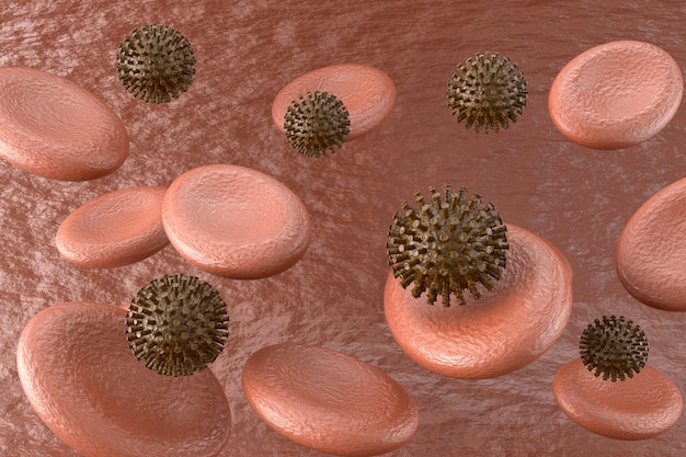 Célula de virus en microscopio. Representación 3D Coronavirus