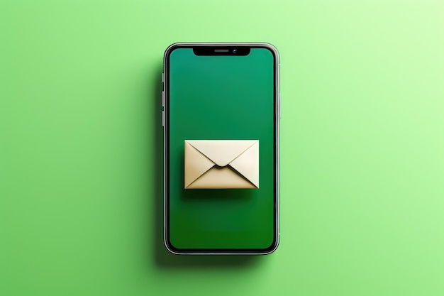 Celular com envelope na tela isolado em fundo verde enviando e recebendo e-mail AI
