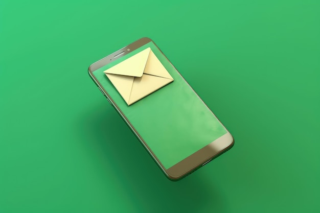 Celular com envelope na tela isolado em fundo verde enviando e recebendo e-mail AI