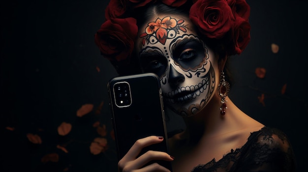 Foto celular com foto de mulher pintada no dia dos mortos
