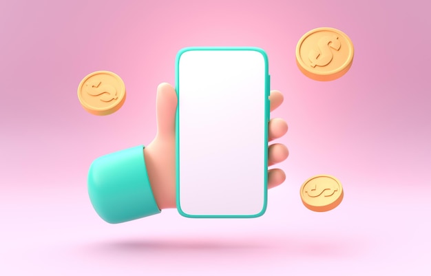 Celular com ilustração 3D de ícones de moedas 3D