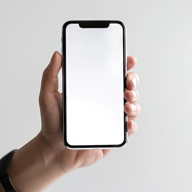 Celular de tela em branco na mão sobre fundo branco