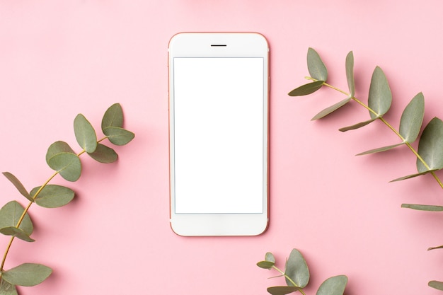 Celular e planta verde de eucalipto em rosa