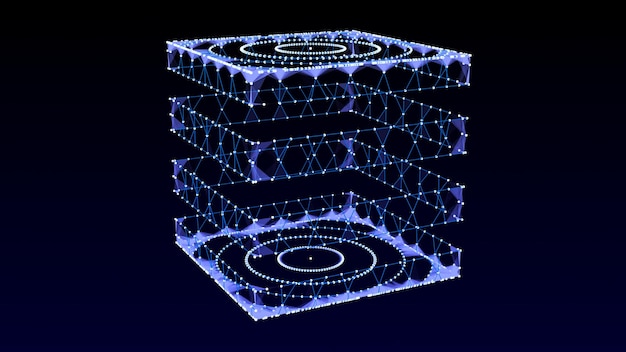 Células de almacenamiento de información Fondo abstracto con puntos y líneas Estructura de conexión de red Fondo digital de big data 3D
