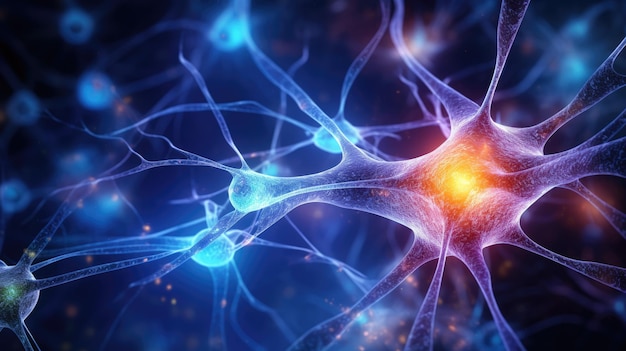 Células de neurônios com nós de ligação brilhantes no conceito abstrato de rede neural do espaço escuro Sistema humano