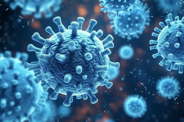 Células de vírus ou bactérias contra um fundo azul Múltiplas partículas realistas de coronavírus flutuando