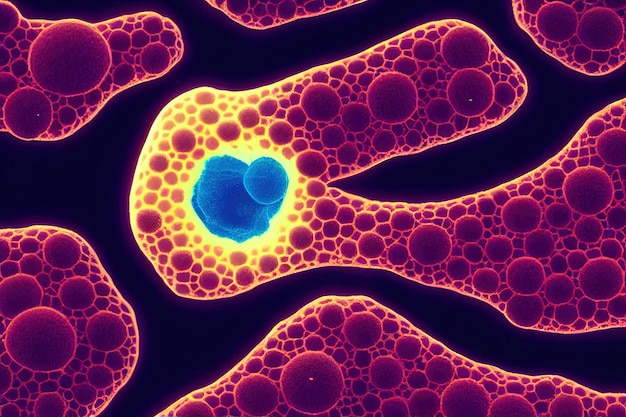 Células humanas bajo el microscopio afectadas por investigación biológica médica de tumores cancerosos