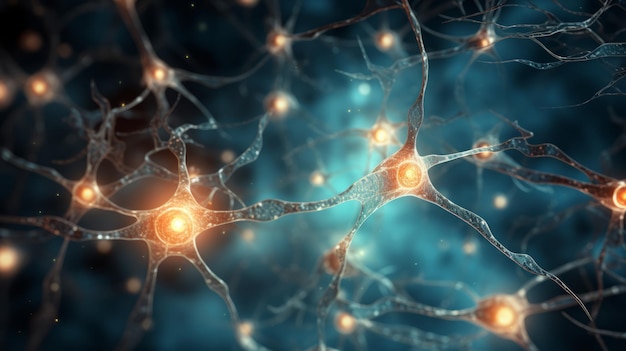Células nervosas brilhantes se comunicam através de conexões sinápticas