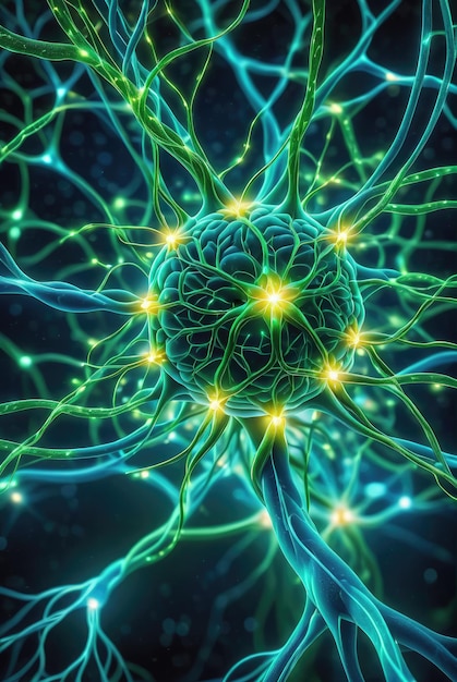 Células neurais com nós de ligação brilhantes Neurônios azuis-verdes dentro do cérebro