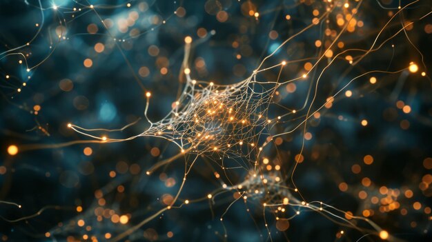 Foto células neuronales con conexiones luminescentes que se asemejan a nudos neuronas brillantes dentro del cerebro