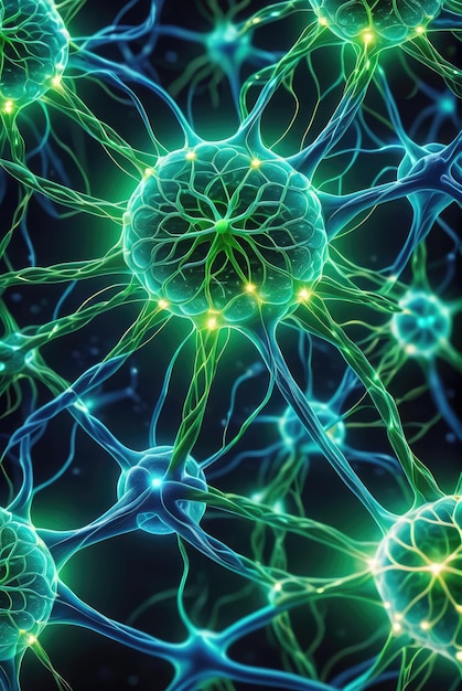 Células neuronales con nudos de enlace brillantes Neuronas azul-verdes dentro del cerebro