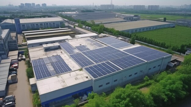 Células o paneles solares vistos desde arriba en el techo de un edificio de fábrica fuente de limpieza IA generativa