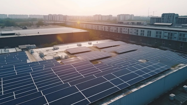 Células o paneles solares vistos desde arriba en el techo de un edificio de fábrica fuente de limpieza IA generativa