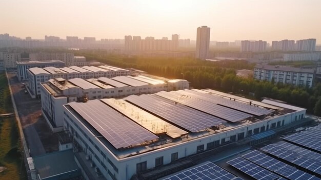 Células o paneles solares vistos desde arriba en el techo de un edificio de fábrica fuente de limpieza IA generativa