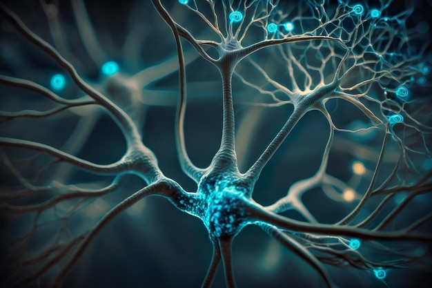 Células-tronco cerebrais neurológicas disparando neurônios em fundo azul ilustração do sistema nervoso Generative AI
