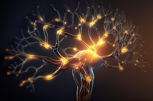 Células-tronco cerebrais neurológicas disparando neurônios na ilustração do sistema nervoso de fundo escuro Generative AI