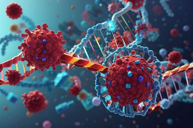 Células de virus 3D atacando una cadena de ADN.