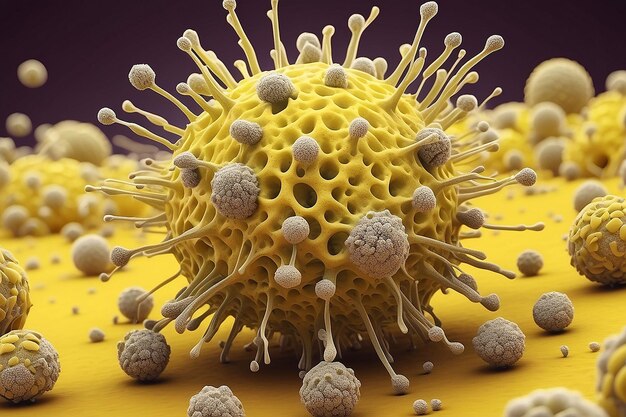 Células de virus una bacteria peligrosa en el cuerpo humano en un fondo amarillo vista bajo un microscopio electrónico epidemiología renderización 3D