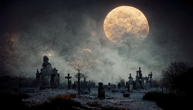 Cementerio antiguo místico bajo un cielo nublado con superluna