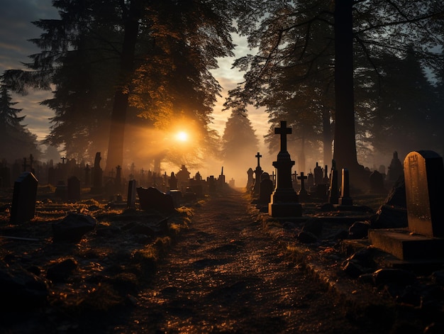 cementerio arrafado con una cruz y una puesta de sol en el fondo generativo ai