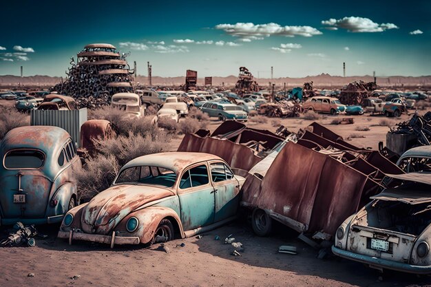 Cementerio de autos Montón de autos aplastados y deformados esperando ser reciclados en un cementerio de autos viejos Red neuronal generada por IA