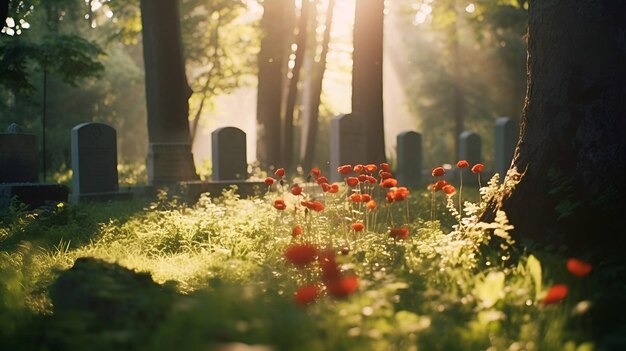 Foto un cementerio con un banco de piedra y un árbol en el fondo