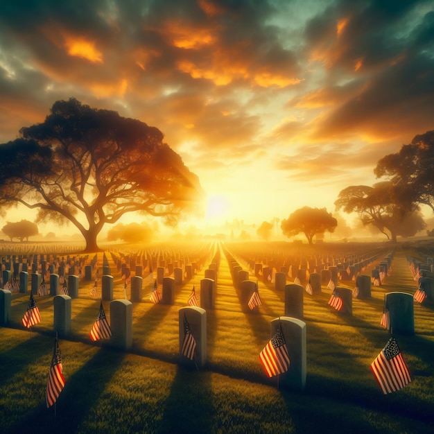 un cementerio con una bandera y un árbol en el fondo