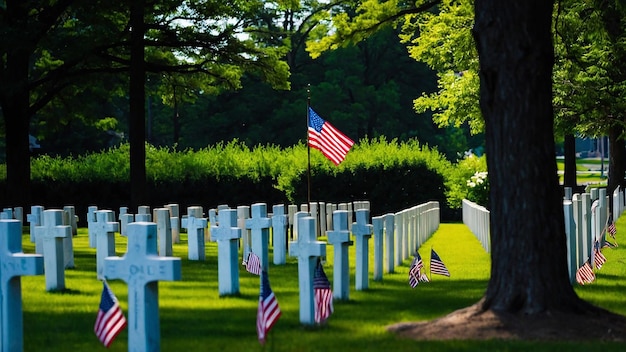 un cementerio con una bandera y una bandera en el césped