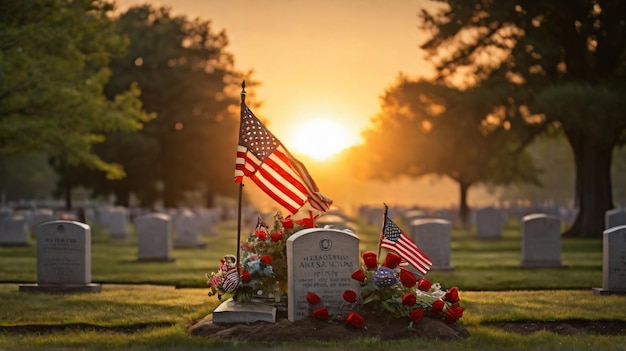 un cementerio con una bandera y una bandera en él