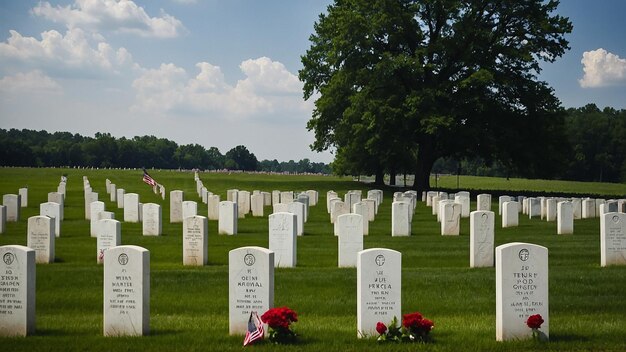 un cementerio con una bandera y una bandera en el medio